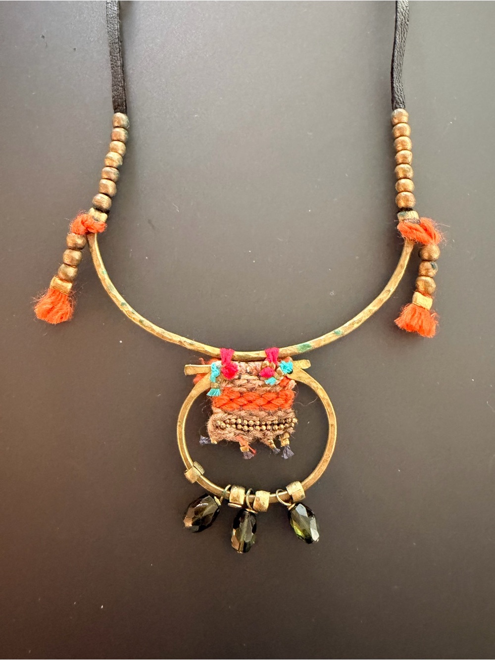 Boho Orange and Gold Woven Pendant Necklace